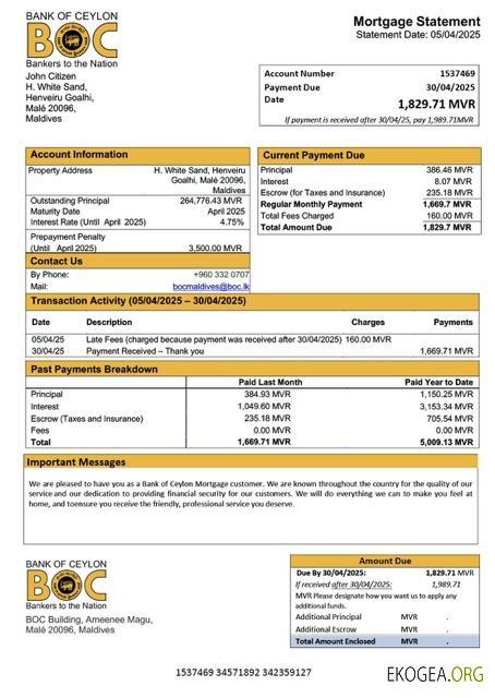 Modèle Word et PDF de relevé hypothécaire de la Maldives Bank of Ceylan